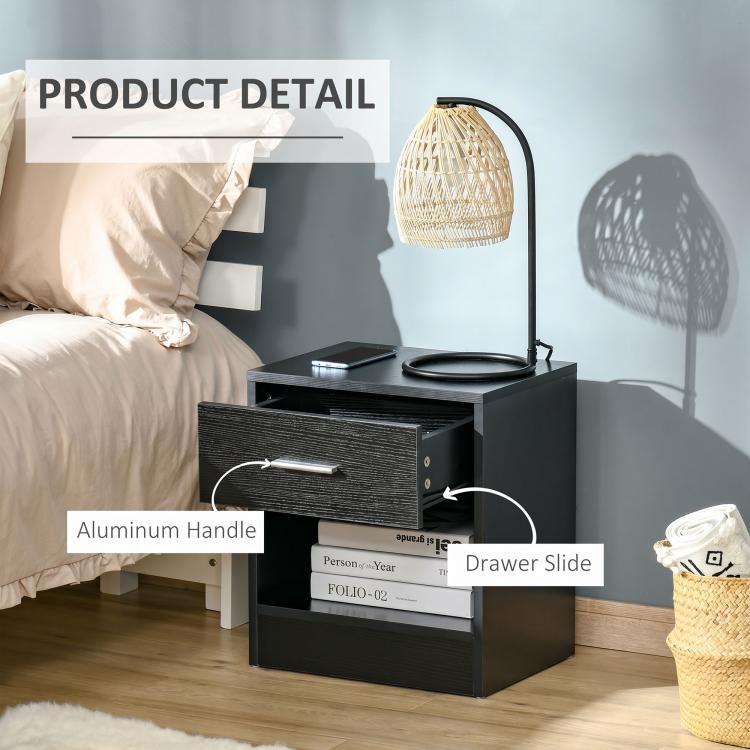Black wood-grain side table with silver handle, drawer, and slide-out storage.