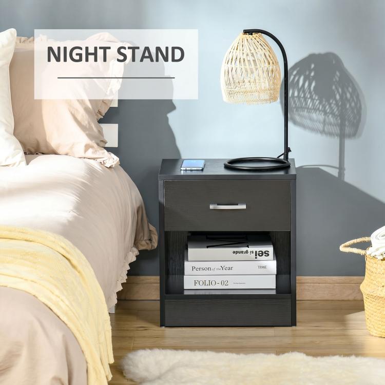 Black wood-grain night stand with drawer and open shelf storage compartment.