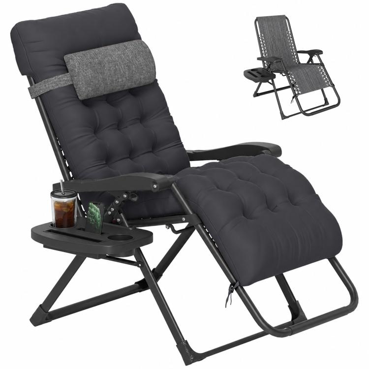 Black padded folding zero-gravity recliner chair with extended footrest and cup tray