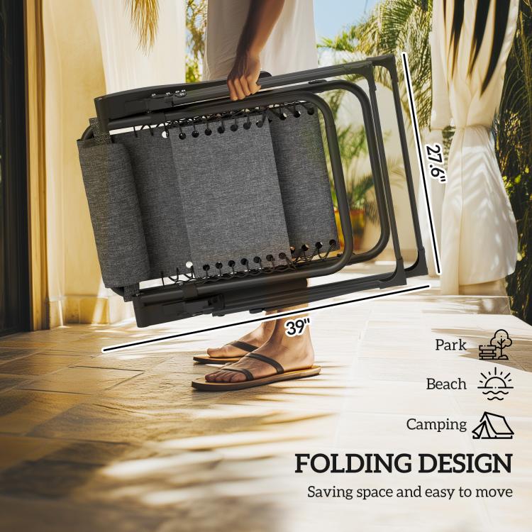 Black folding zero-gravity chair with gray headrest cushion, compact folded frame