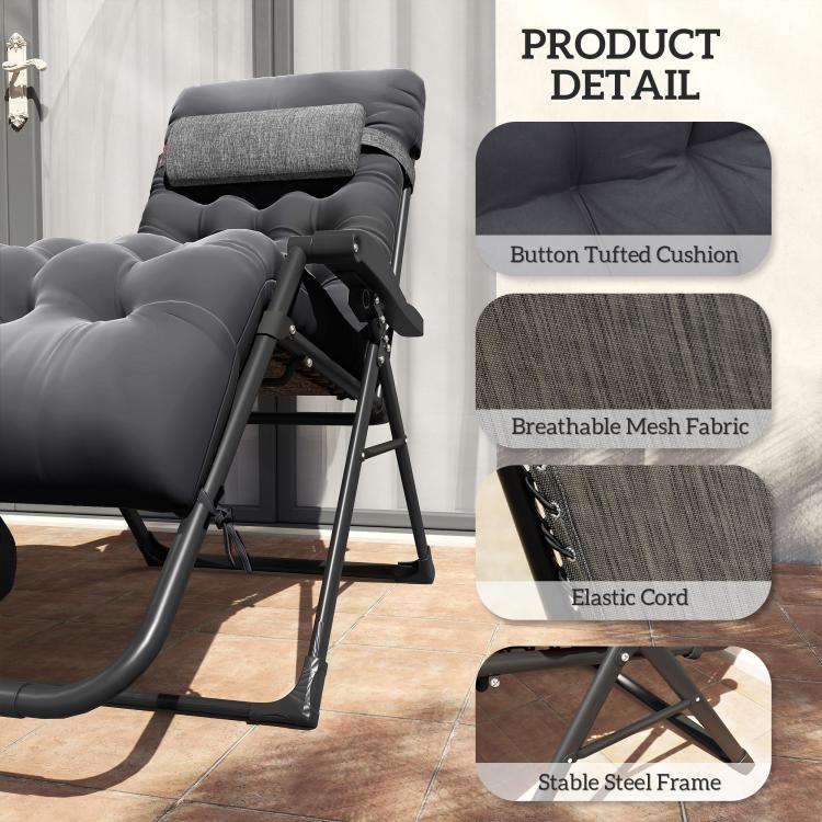 Black zero-gravity folding recliner with button-tufted cushion and breathable mesh back