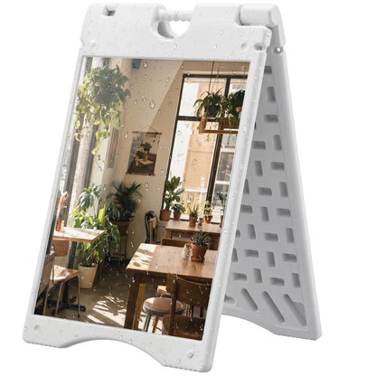 White A-frame sidewalk sign with clear poster cover and perforated side panels