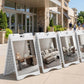 White A-frame sidewalk sign with blank panel, perforated frame, weighted base