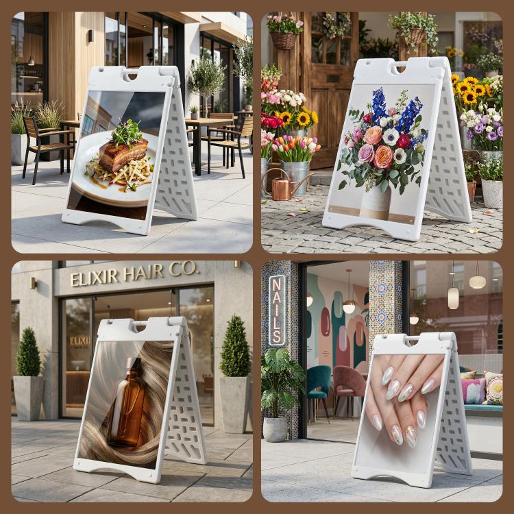White A-frame sidewalk sign with interchangeable poster graphics in clear frame