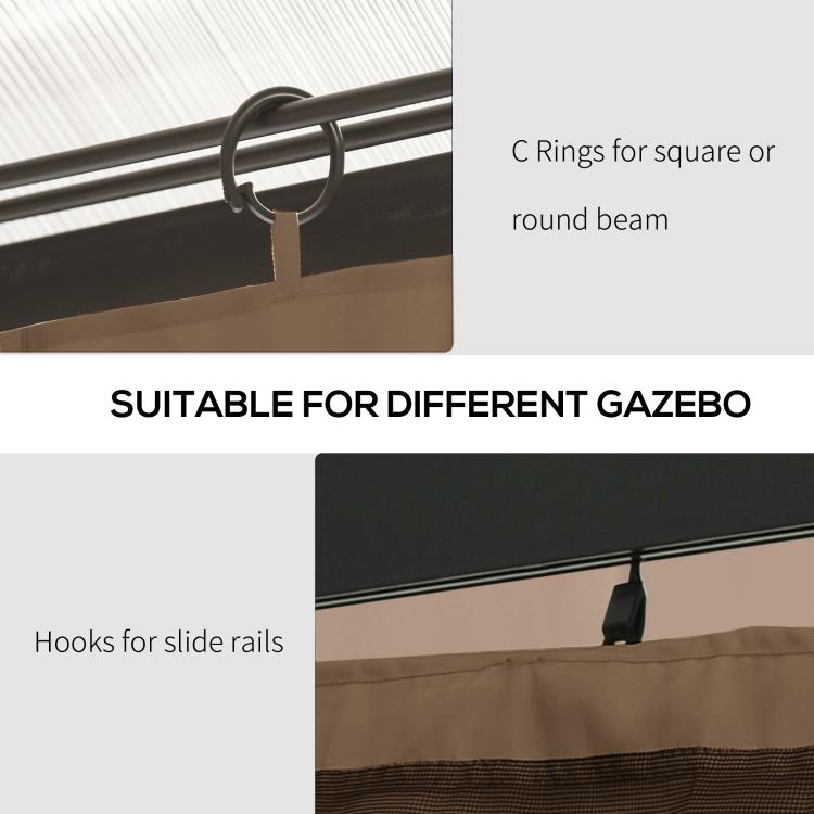 Brown gazebo sidewall attachment points with C rings and hook clips