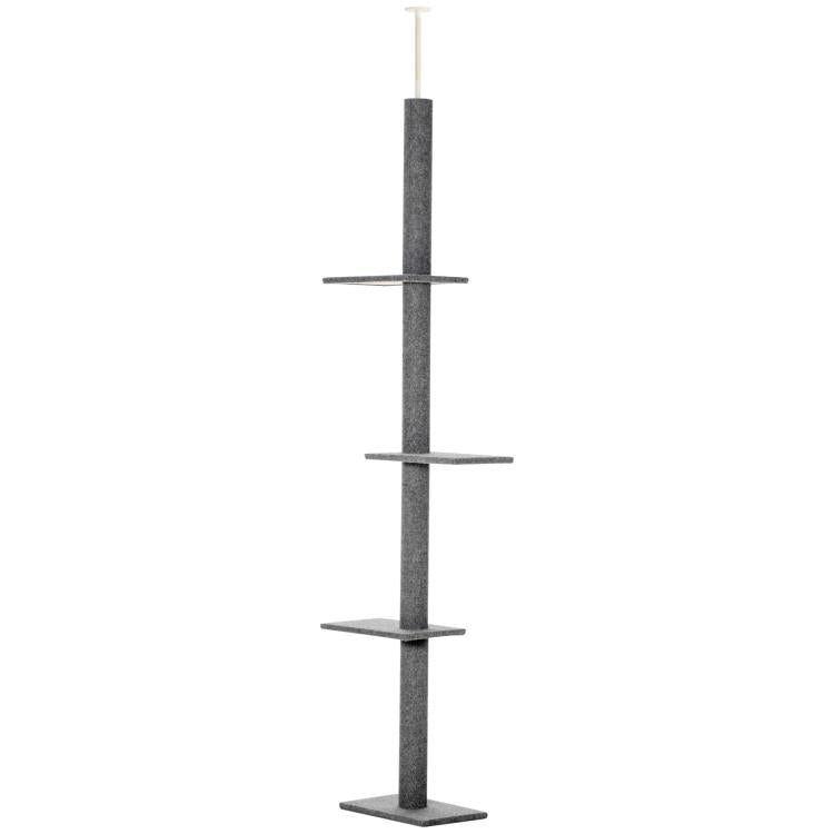 Gray cat climbing tower with three horizontal perch bars and four stable platforms