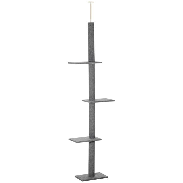 Gray floor-to-ceiling cat activity tower with stacked platforms and vertical scratching post