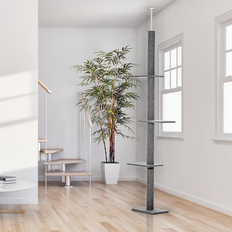 Gray cat climbing tower with multiple levels and curved perches for climbing and rest