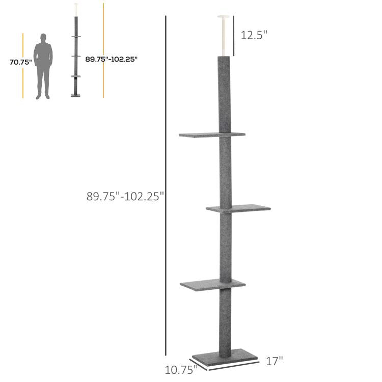 Gray cat climbing tower size diagram showing tall post with four stacked platforms