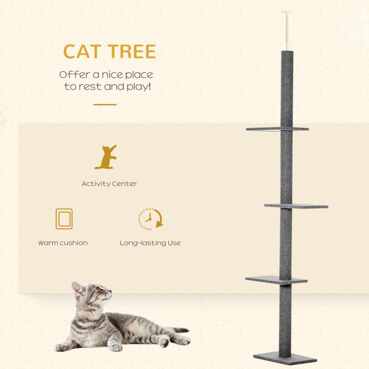 Gray cat climbing tower with vertical sisal post and multiple platforms for active cats