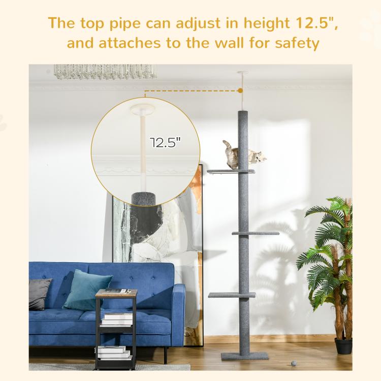Gray cat climbing tower with adjustable height top pipe and wall-attachment support