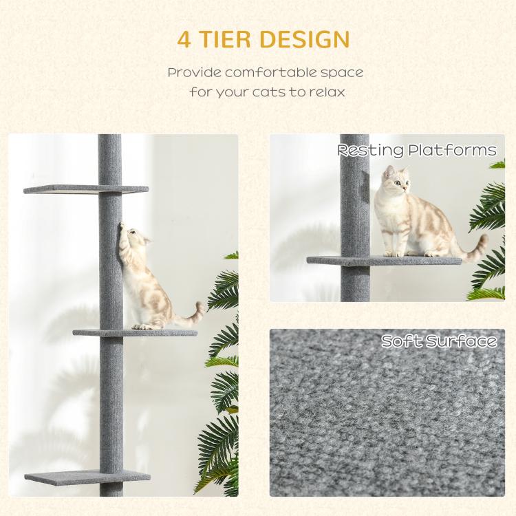 Gray cat climbing tower featuring four-tier design with soft resting platforms and post