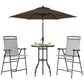 Outdoor patio bar set with brown umbrella, round table, and two folding chairs