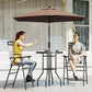 Outdoor bar table set with dark brown umbrella and 2 folding chairs, round glass top