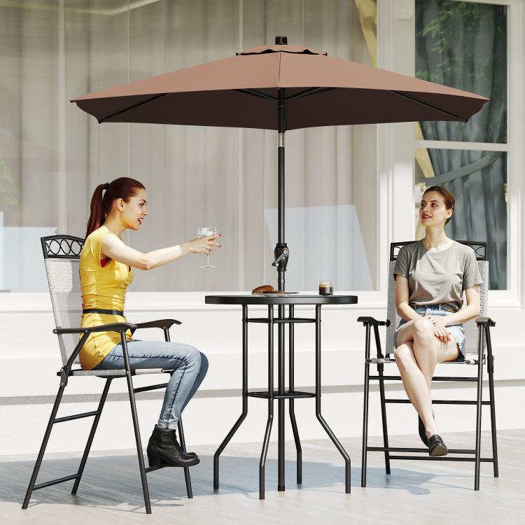 Outdoor bar table set with dark brown umbrella and 2 folding chairs, round glass top