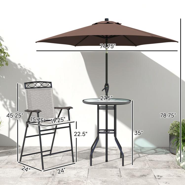 Patio bar set with brown umbrella, round table, and two folding chairs