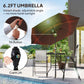 Brown patio umbrella with crank lift and tilt button on the pole