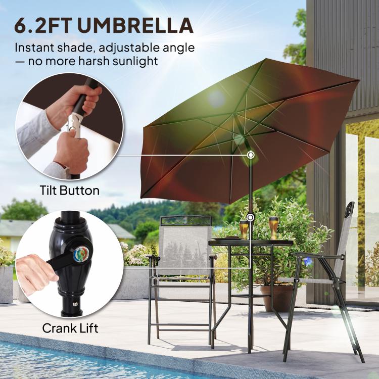 Brown patio umbrella with crank lift and tilt button on the pole
