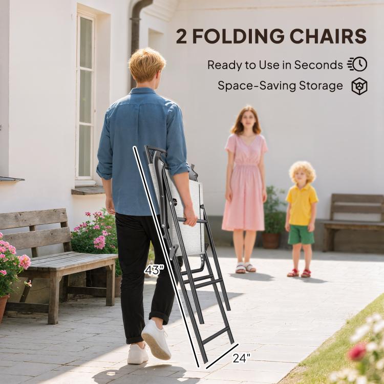 Two folding patio chairs with light gray mesh backs and armrests