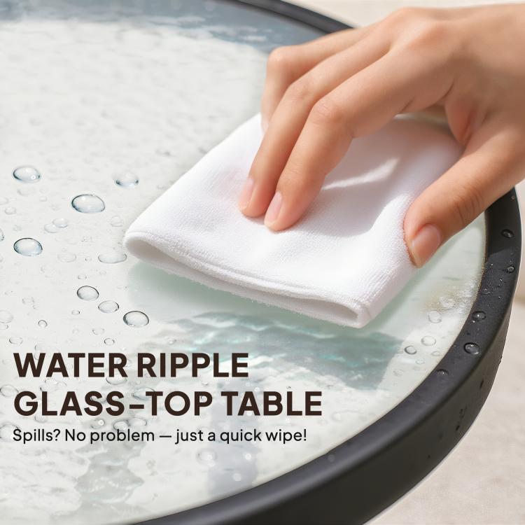 Water-ripple glass tabletop on a round patio table