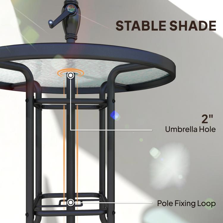 Umbrella hole and pole-fixing loop on round glass-top table frame