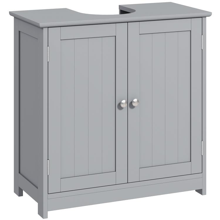 Gray bathroom sink storage cabinet with two paneled doors and U-shaped cut-out