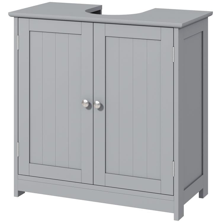 Gray bathroom sink storage cabinet with double doors and flat top