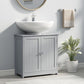 Gray bathroom vanity sink base cabinet with two doors and countertop ledge