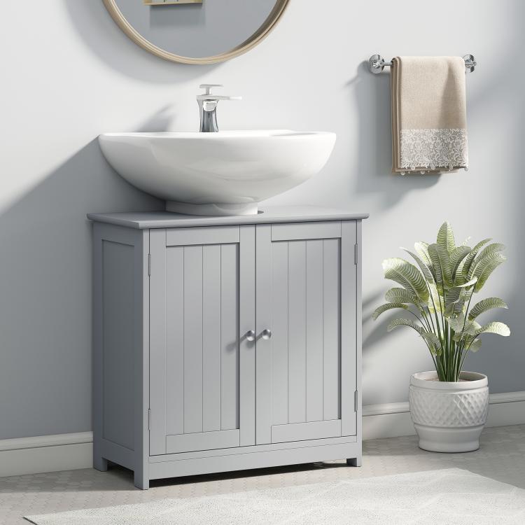 Gray bathroom vanity sink base cabinet with two doors and countertop ledge