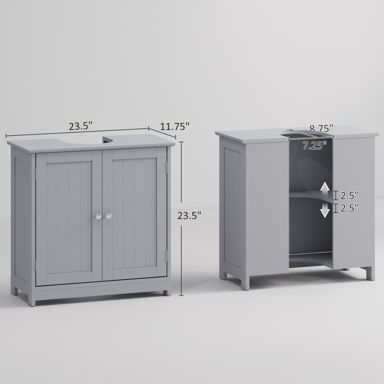 Gray bathroom sink cabinet shown front and side with interior storage compartment