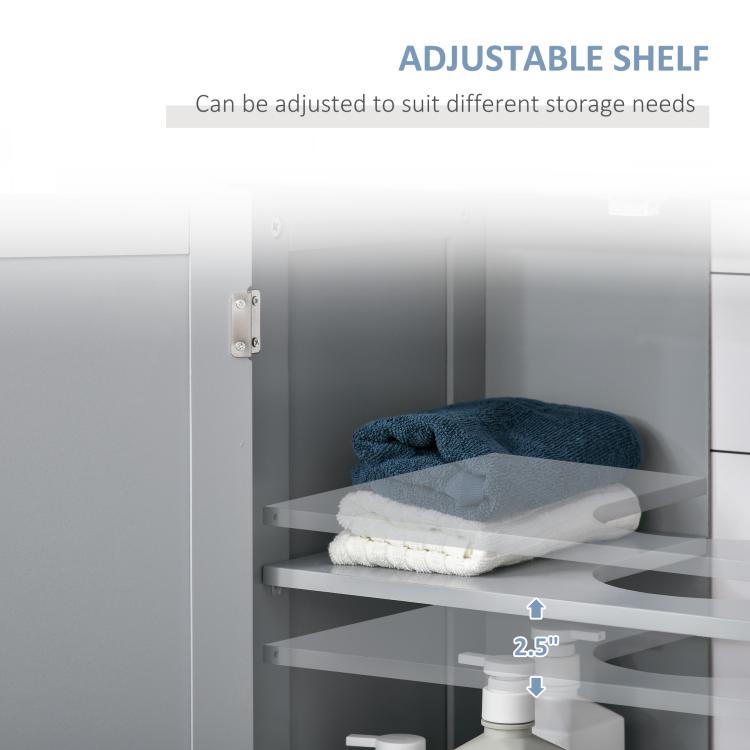 Gray bathroom cabinet with adjustable shelf and stacked two-tier storage space
