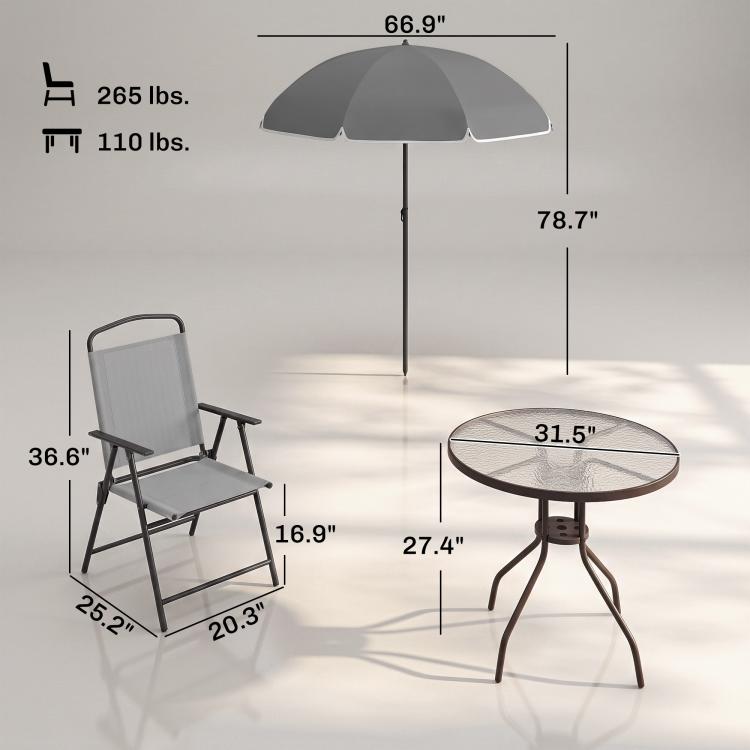 Patio dining set diagram with umbrella pole, round glass table, and folding chairs