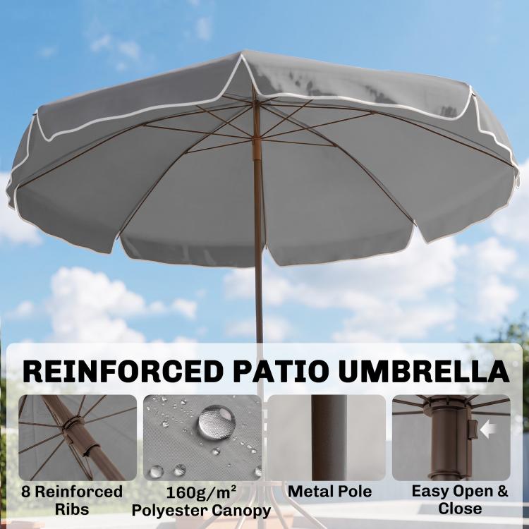 Gray patio umbrella with dome canopy and central metal pole