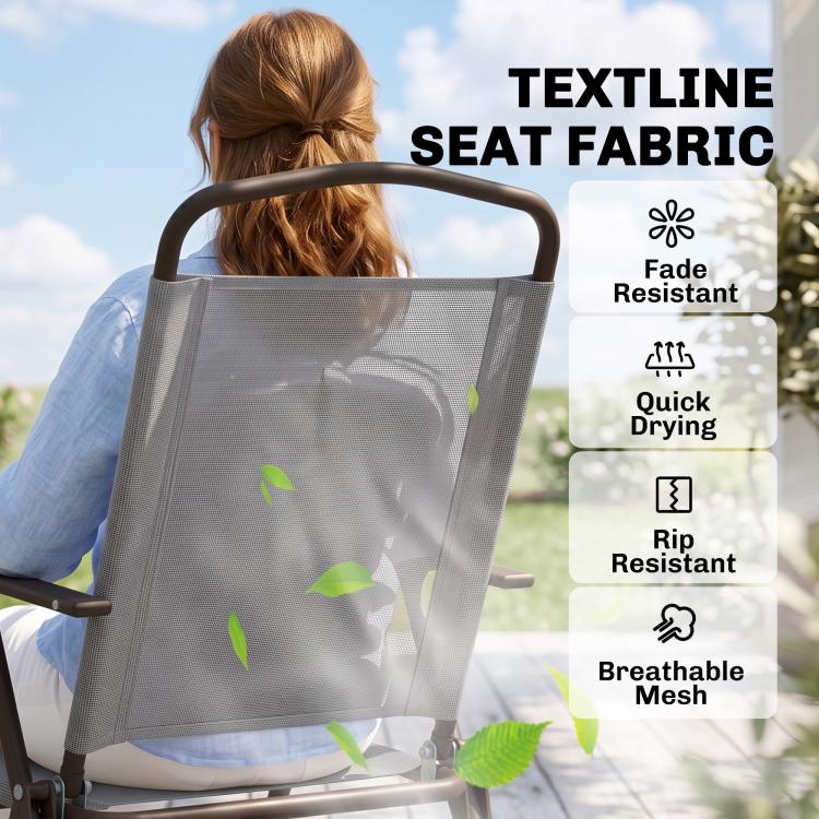 Gray breathable mesh seat fabric on a folding patio chair back