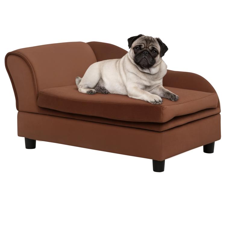 Brown pet sofa bed couch with padded armrests and low legs; pug lying on cushion.