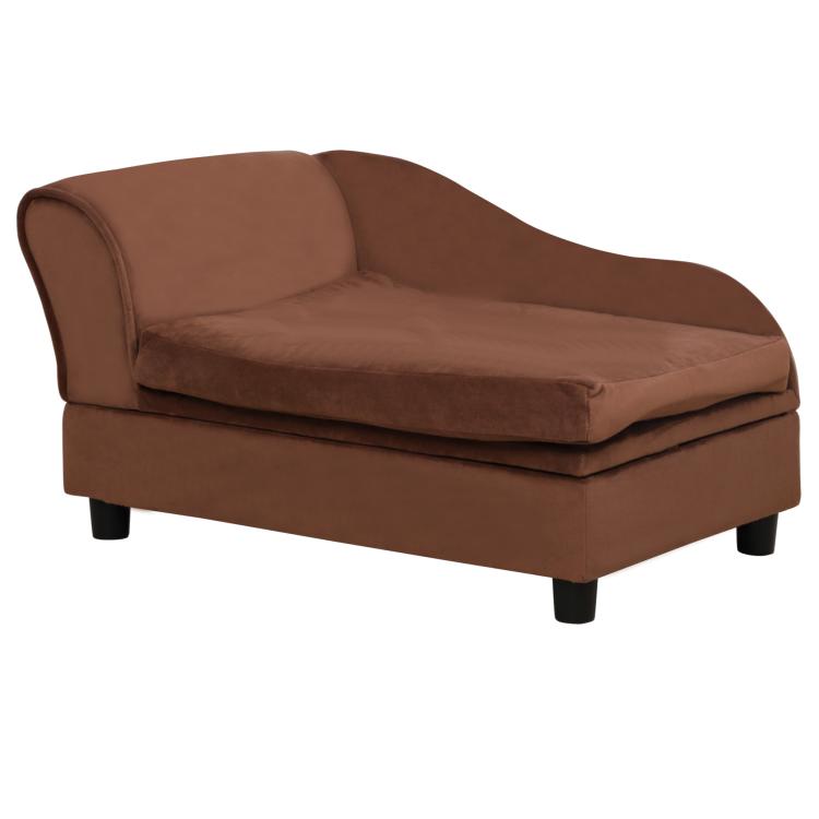 Brown pet sofa bed couch with plush seat and backrest; corner view on low legs.