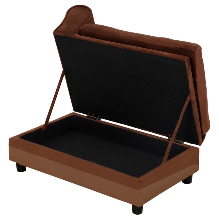 Brown pet sofa bed with lift-up seat for hidden storage, hinged backrest
