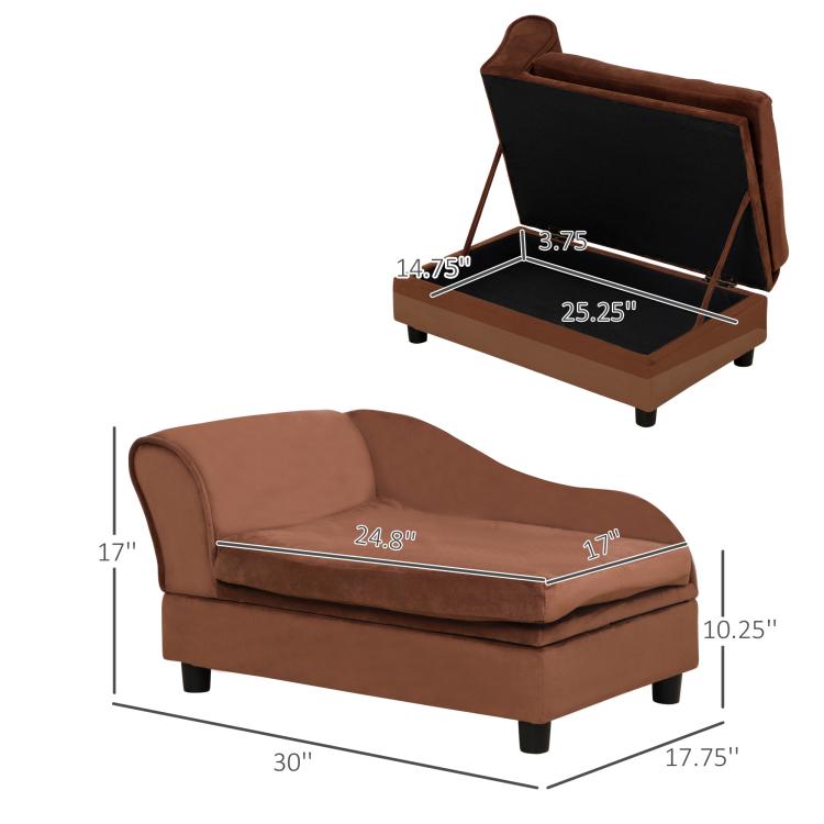 Brown pet sofa bed couch with dimension labels; open-side view and angled perspective.