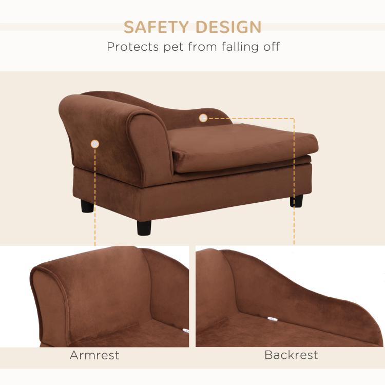 Brown pet sofa bed couch safety design view with cushioned arms and backrest detail.