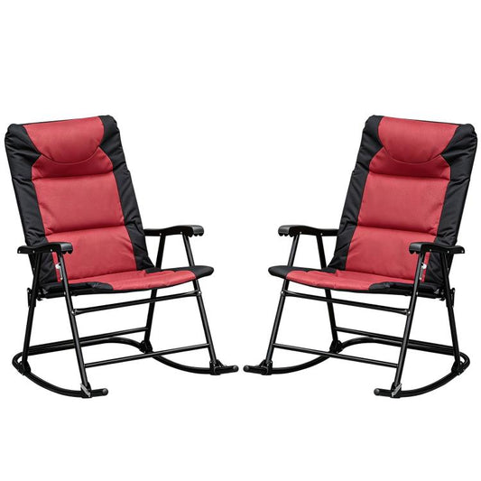 Set of 2 rocking patio chairs with red padded seats and black folding frames