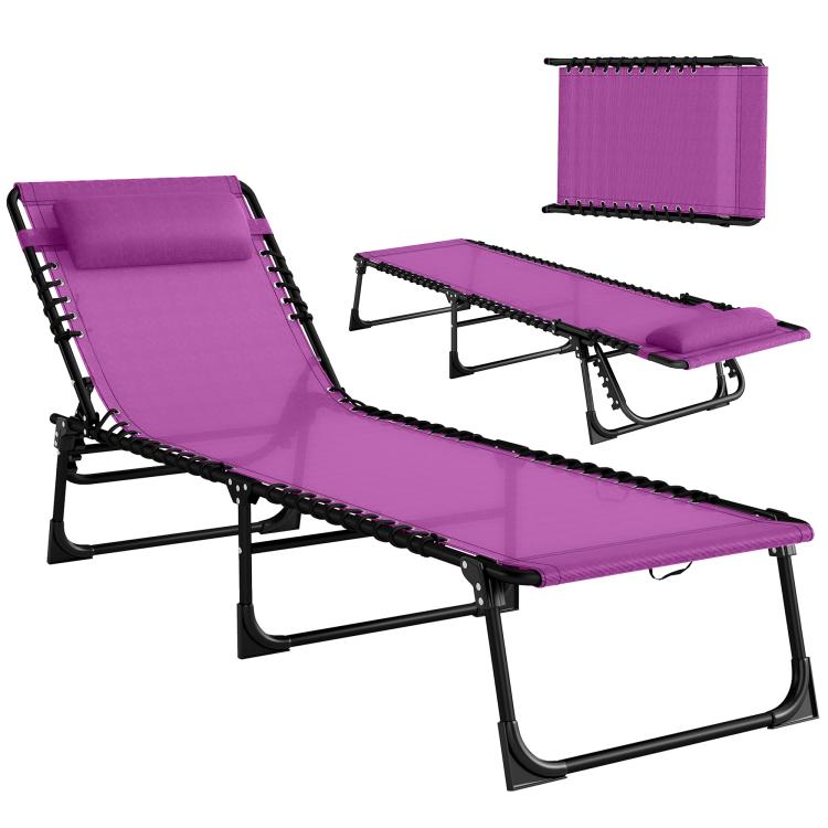 Purple folding chaise lounge chair with 4-position reclining back and padded headrest