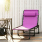 Purple folding chaise lounge with black frame, cushioned head pillow, breathable mesh seat