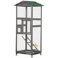 Grey wooden outdoor aviary bird cage with green roof, side view, and interior ladder