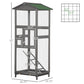 Grey wooden bird cage aviary house with green roof, pull-out tray, and two front doors