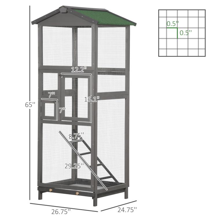 Grey wooden bird cage aviary house with green roof, pull-out tray, and two front doors
