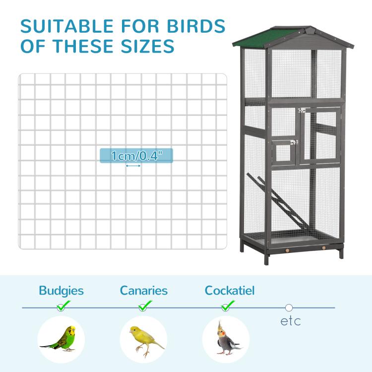 Grey wooden bird cage aviary house with green roof, wire mesh panels, and ladder
