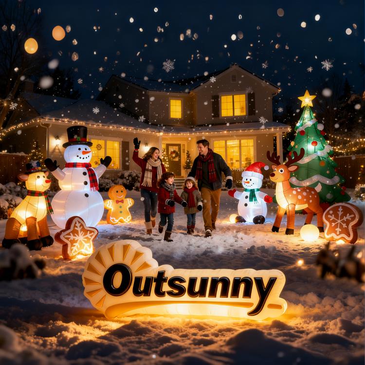 Inflatable Christmas yard decoration with Santa driving red car, penguins, elk and tree