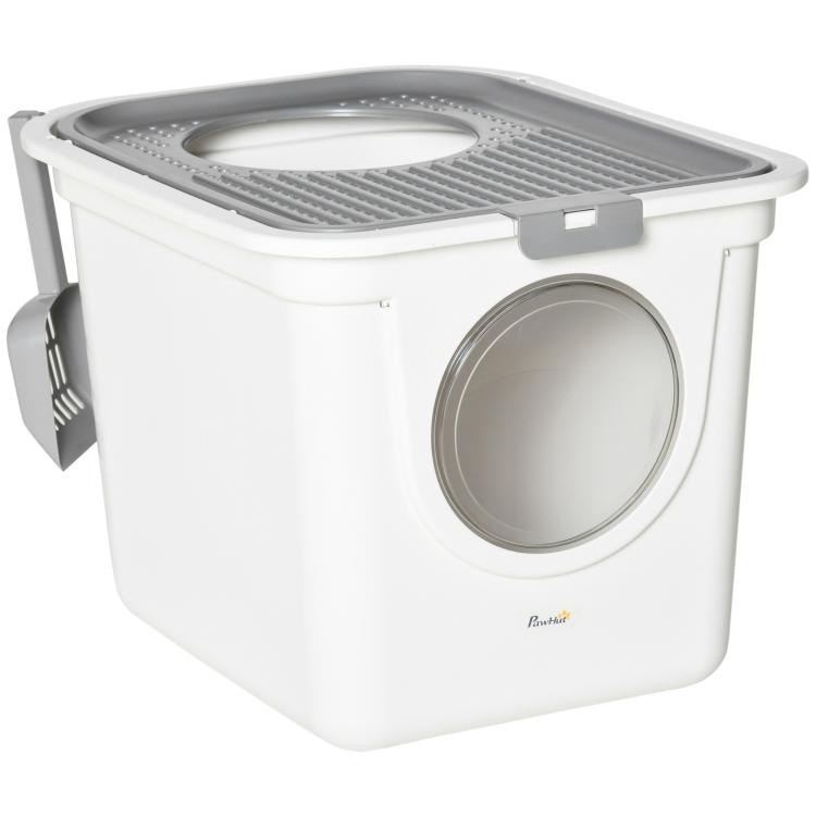 White covered cat litter box with round front entrance and top sifting tray