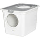 White covered cat litter box with round front door and top grate lid