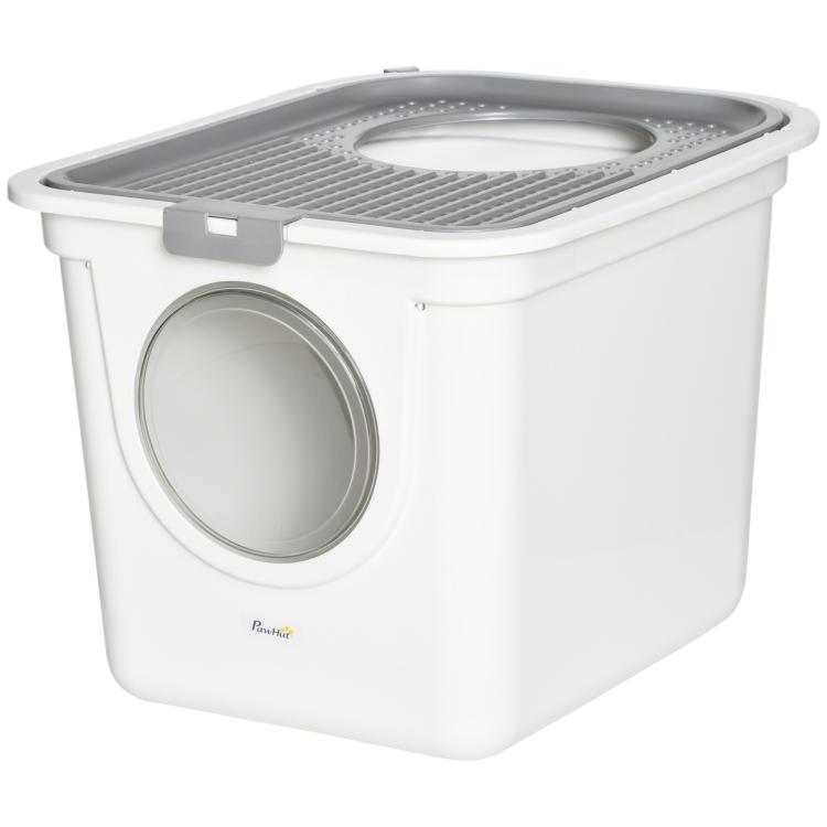 White covered cat litter box with round front door and top grate lid